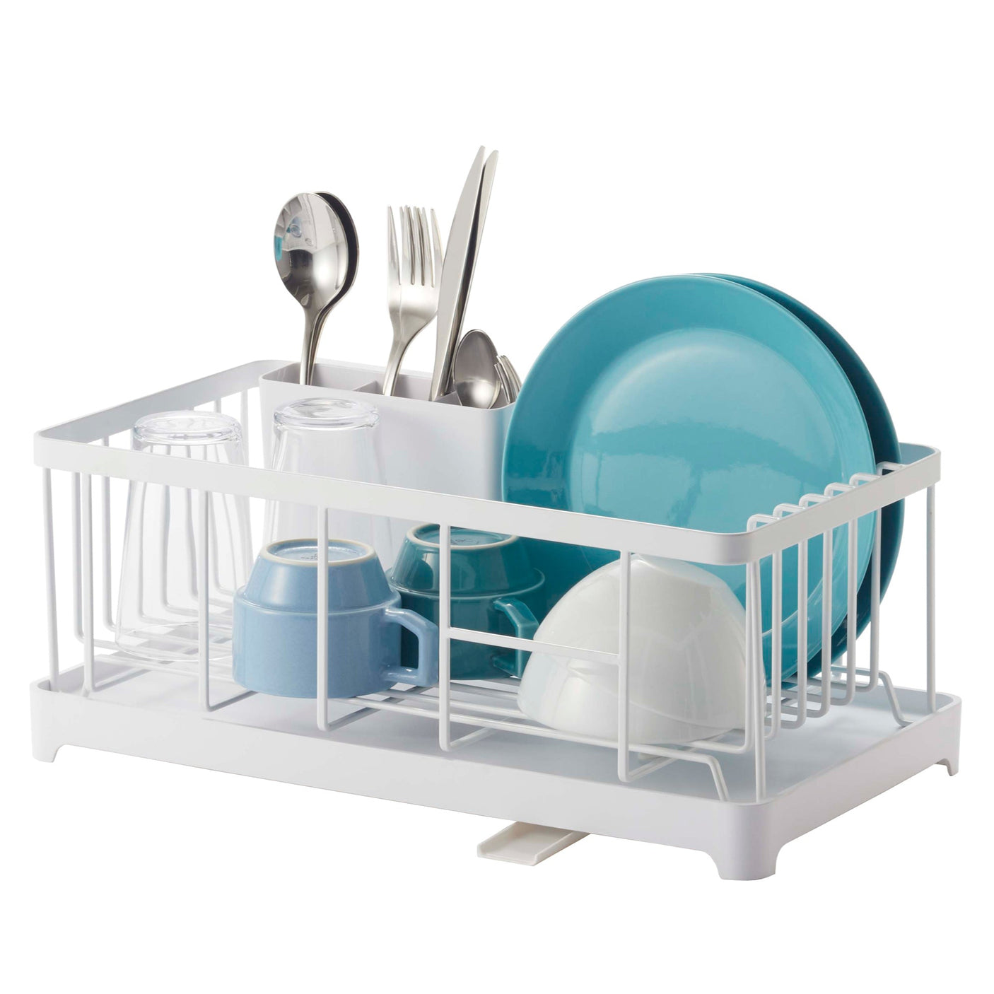 Praktisk og elegant hvitt oppvaskstativ med innebygd drypprenne for enkel vannavledning.