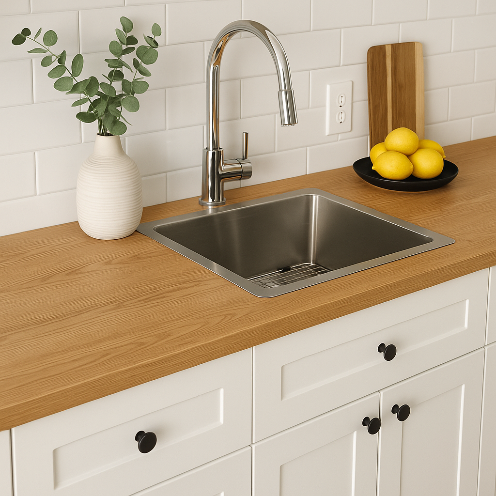 Kjøkkenbenk med lys eikefarget kontaktplast, vask i stål og dekor med sitroner, skjærefjøl og vase med grønne blader.