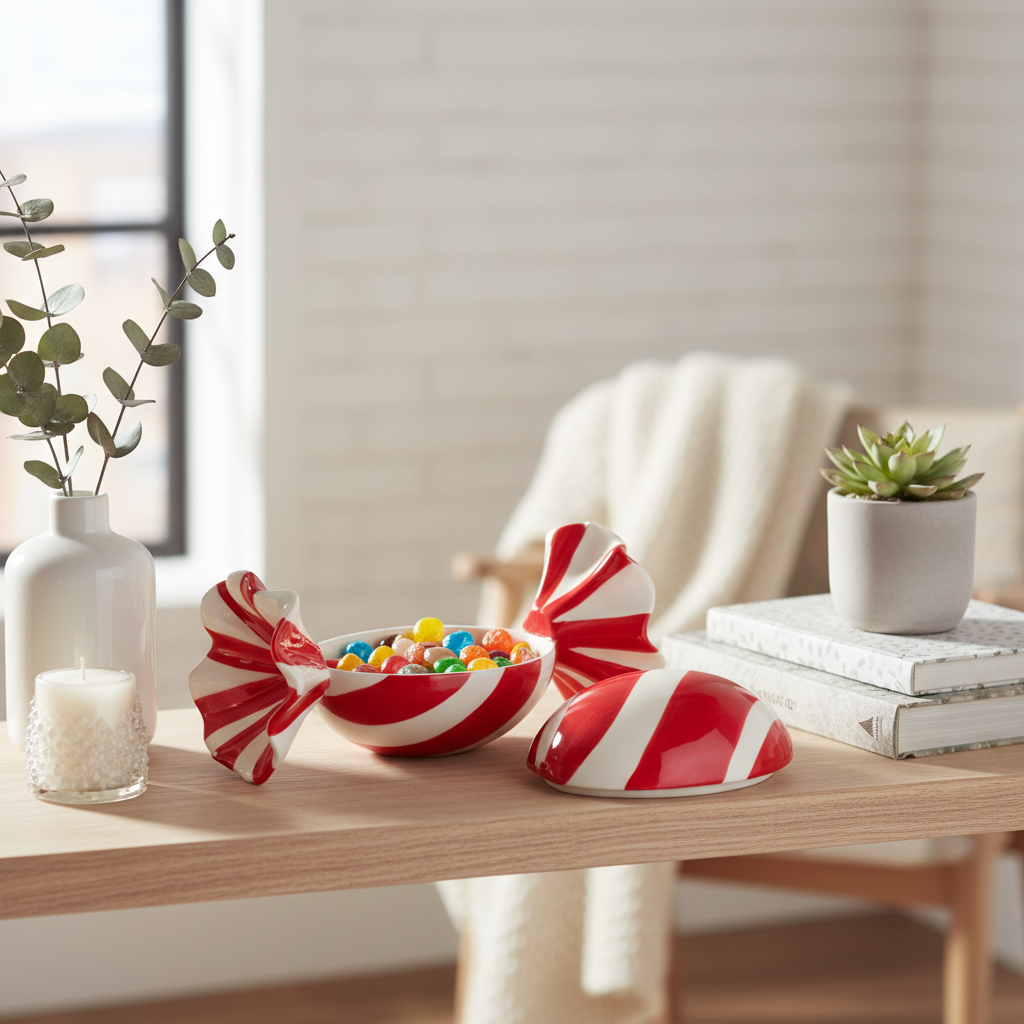 Candy julekrukke i keramikk rød/hvit