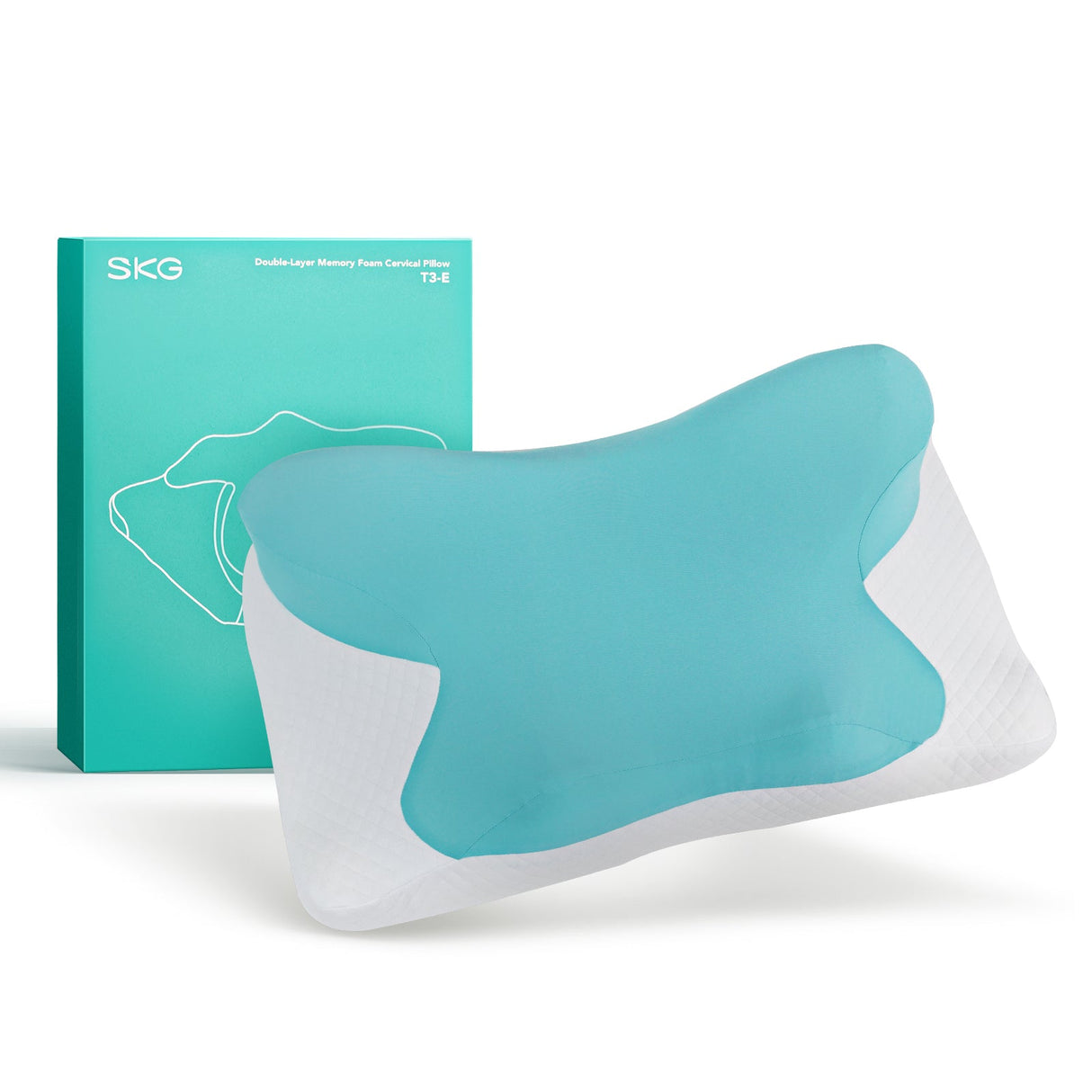 Ergonomisk minneskumpute i blått og hvitt, vist foran sin grønne eske med SKG-logo.