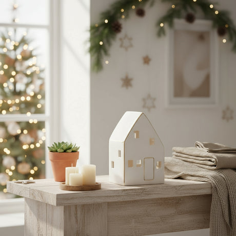 Lite keramikkhus i hvit finish med vinduer og dør – enkel og elegant interiørdekorasjon.