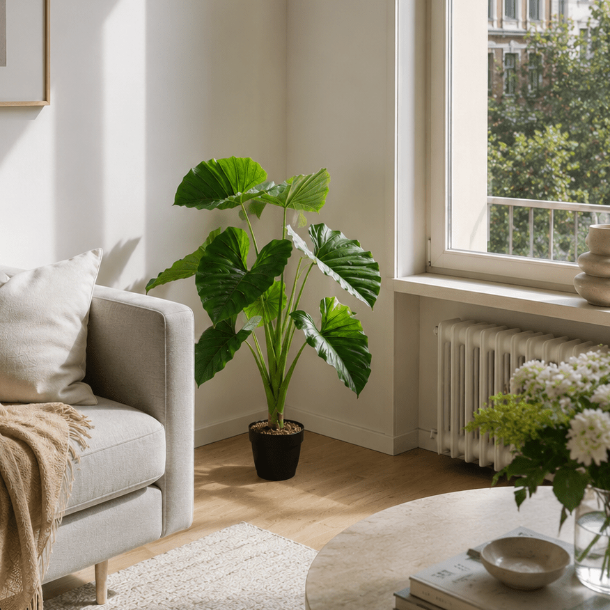 Taro kunstig plante grønn med store blader og potte 90 cm - Lindas Dekor Kunstige planter