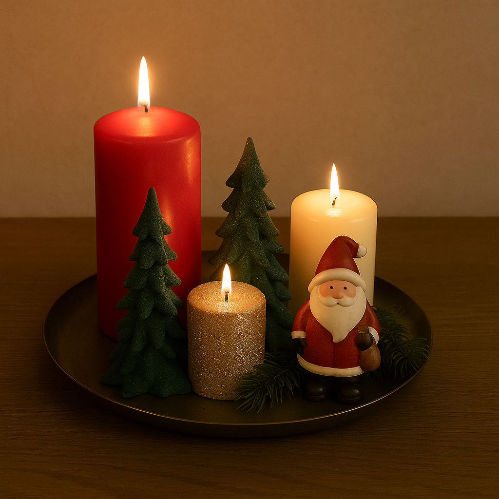 Rundt dekorfat med tente lys, nissefigur og grønne dekorasjonstrær pyntet til jul.