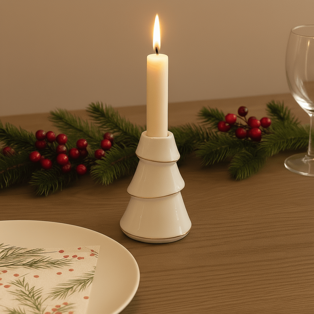 Hvid lysestang formet som et juletre med tynde stearinlys, og et pyntet bord med grangrene og røde bær.
