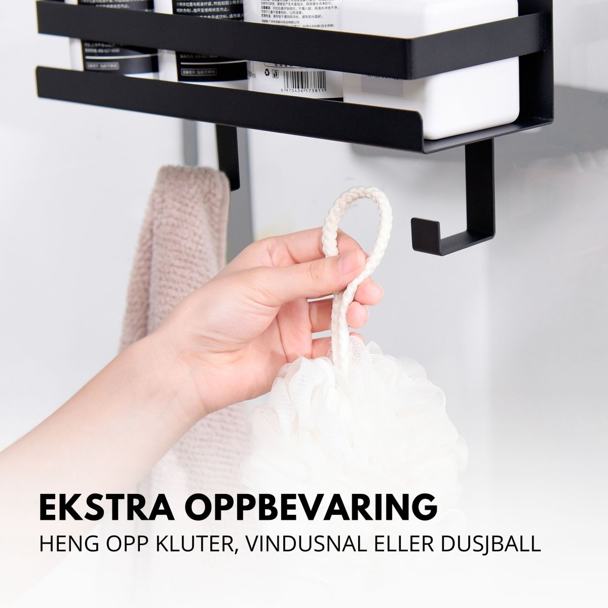 Sort dusjhylle 74 cm med kroker til oppbevaring av dusjprodukter