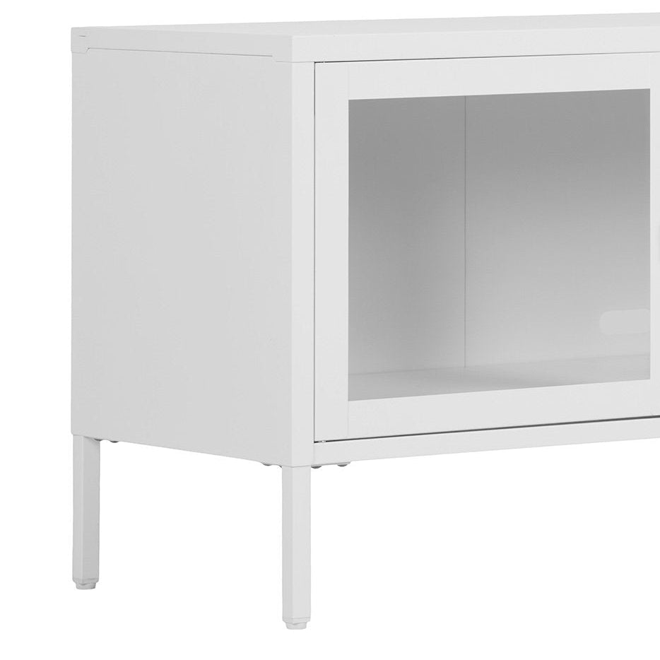 Hvit TV-benk Brisbane 130 cm i stål og glass