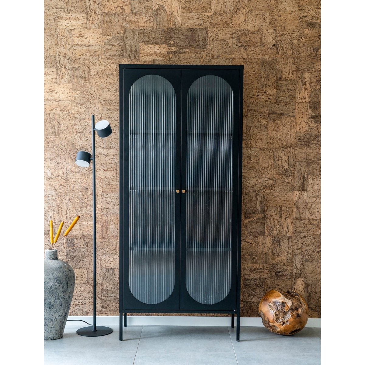 Adelaide vitrineskap rillet glass sort 80 x 35 x 180 cm - Lindas Dekor