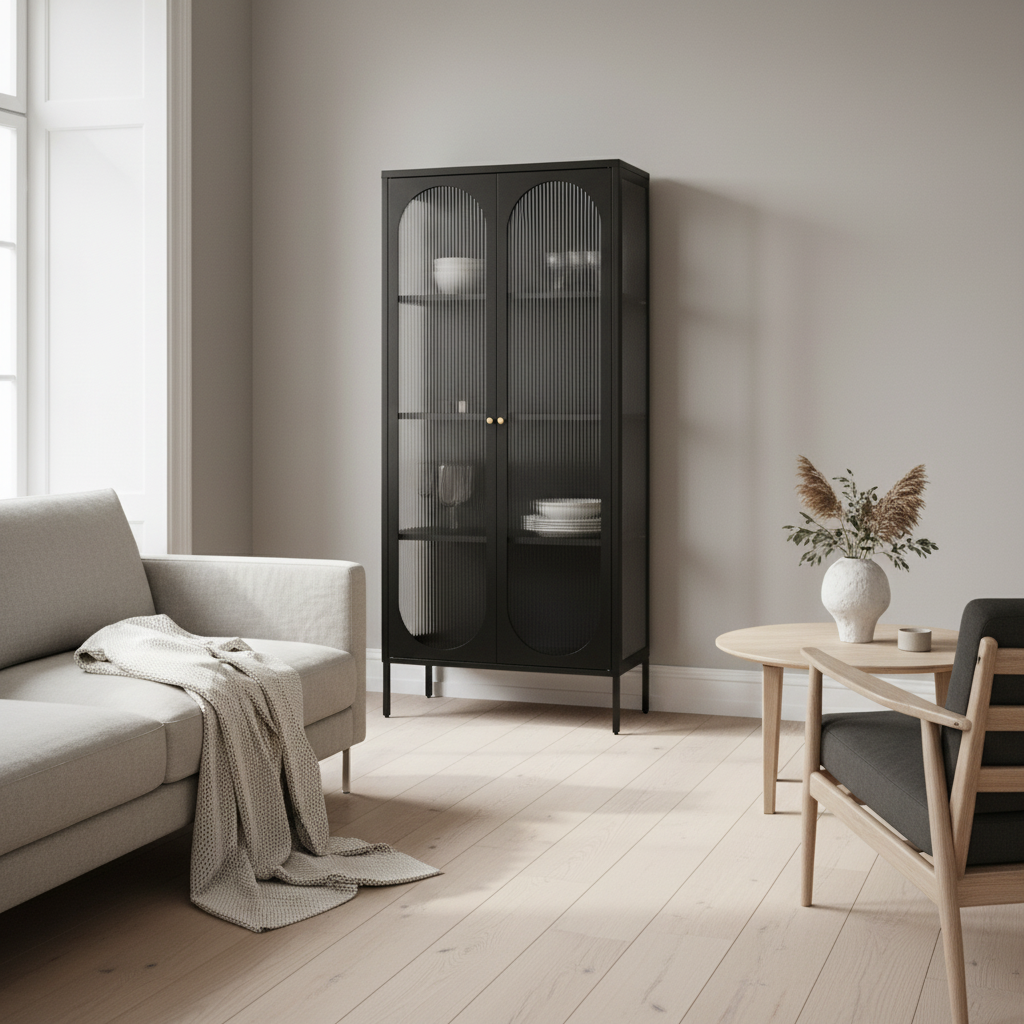 Adelaide vitrineskap rillet glass sort 80 x 35 x 180 cm