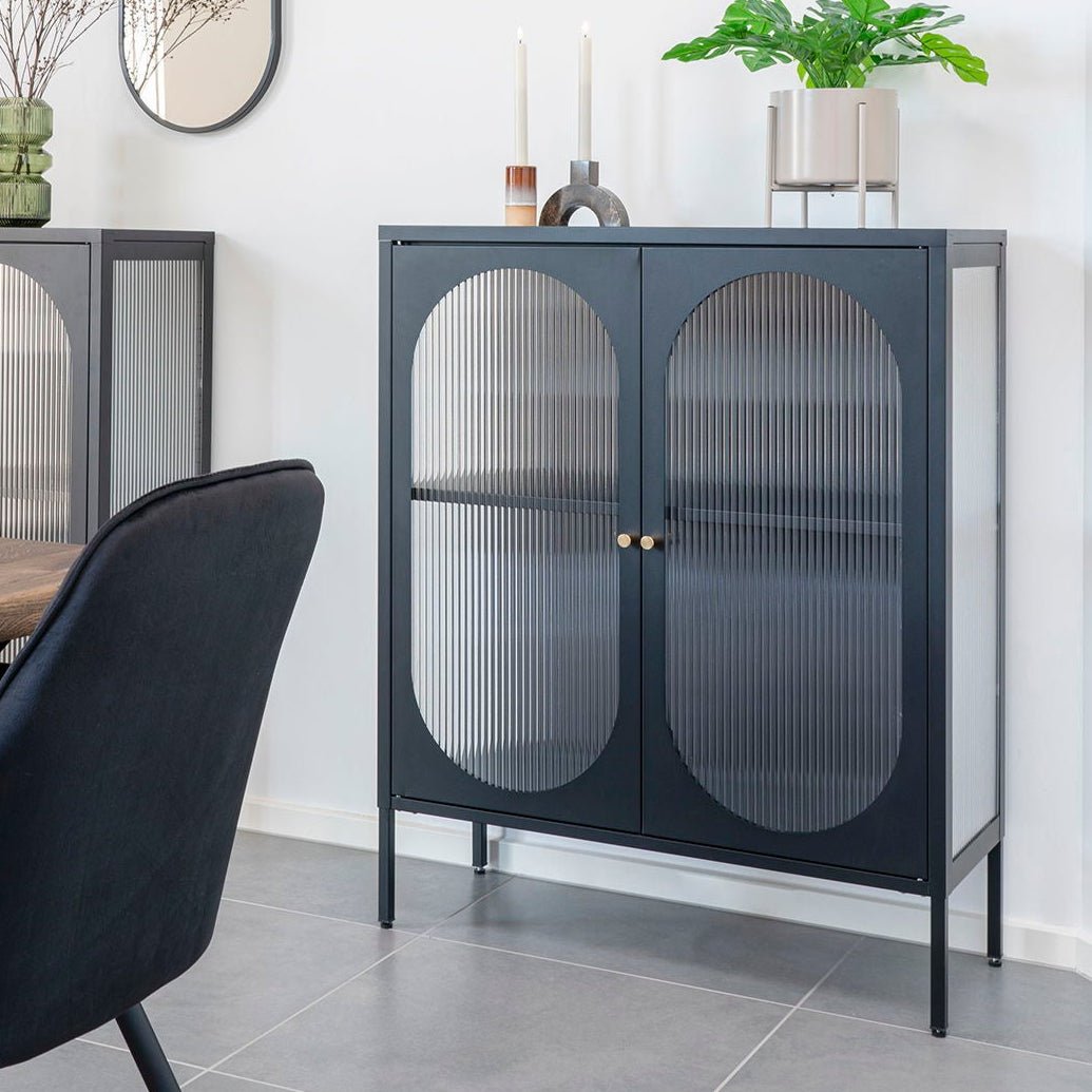 Adelaide vitrineskap rillet glass sort 90 x 35 x 120cm - Lindas Dekor