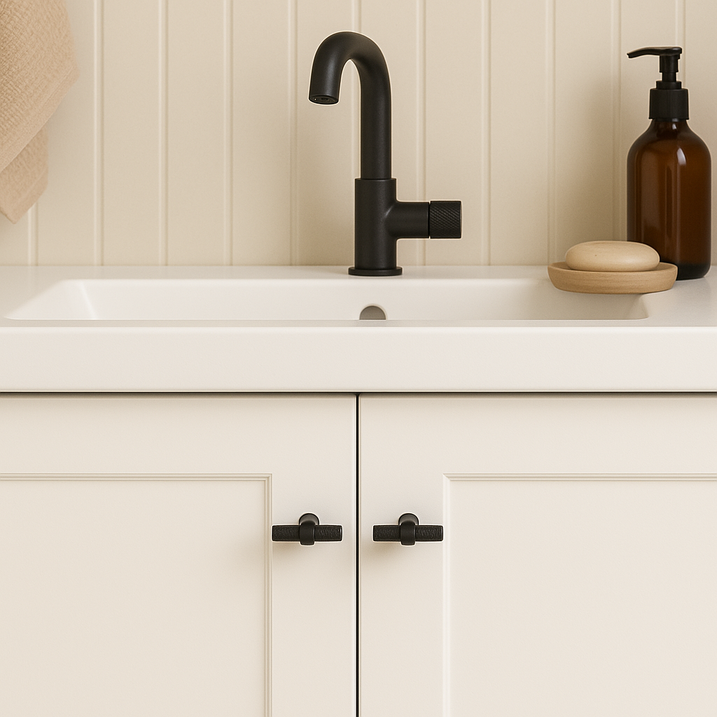 Sorte T-bar håndtak montert på hvit baderomsinnredning med tidløst design.