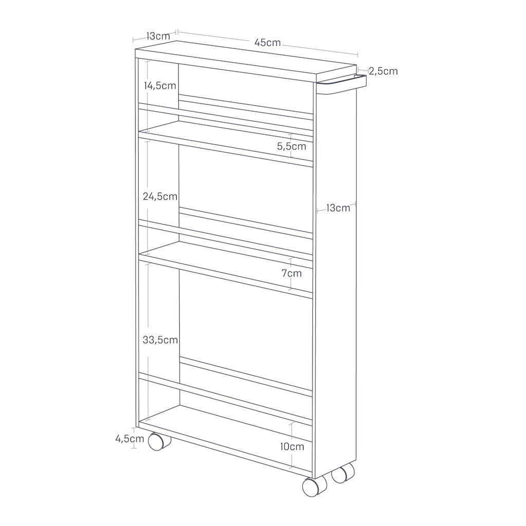 Elegant og praktisk kjøkkenvogn for krydder, flasker og kjøkkenutstyr.