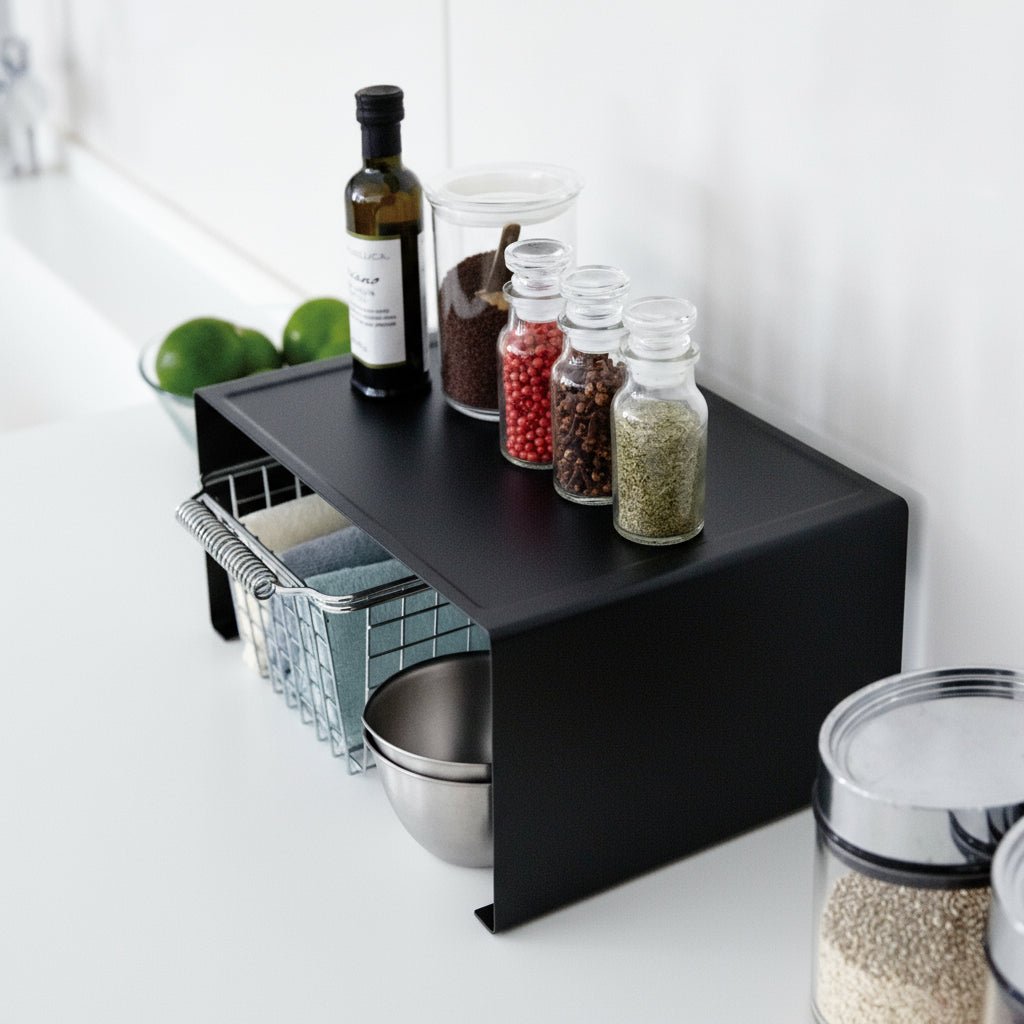 Funksjonell og moderne stablehylle for organisert kjøkkenplass.