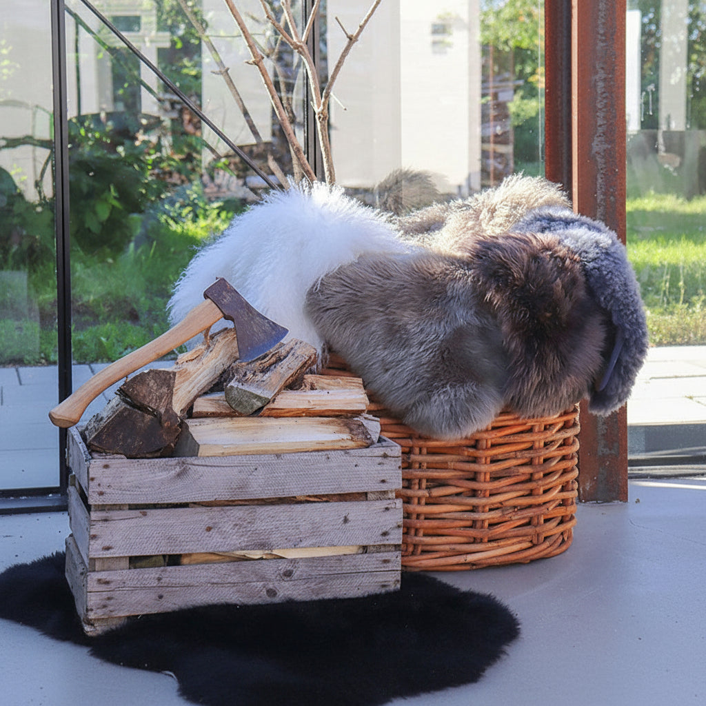 Elegant grå lammeskinn brukt på moderne stol for myk komfort.