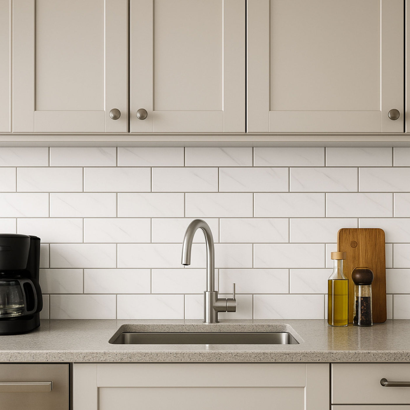 Moderne kjøkken med Stein marmor veggfliser i klassisk rektangulært mønster bak vasken.