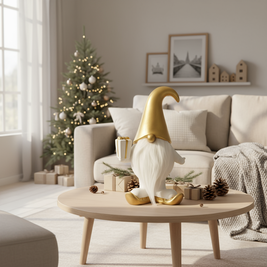 Elegant nissefigur i porselen med gullhatt fra Lindas Dekor som juledekorasjon