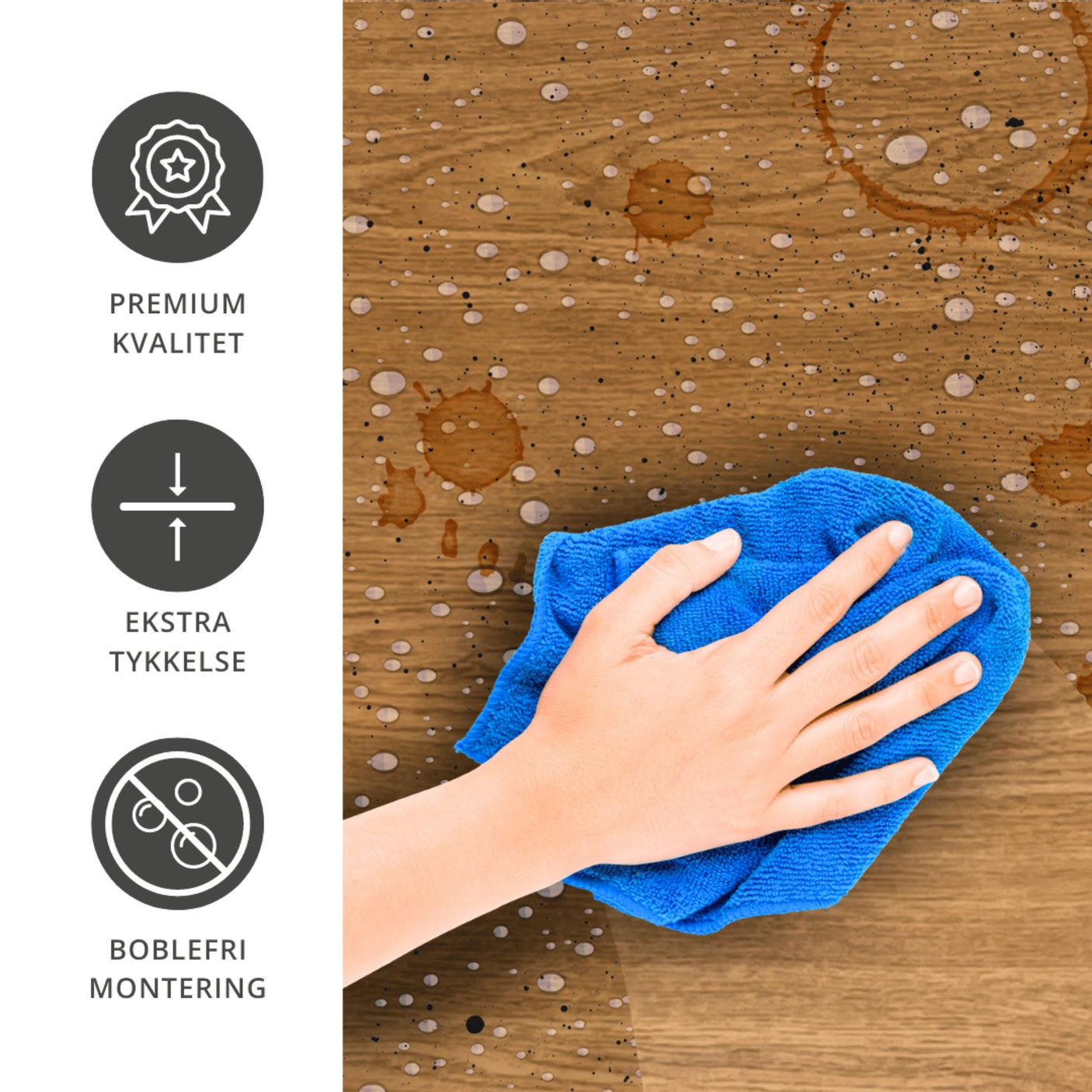 Hånd tørker av kontaktplast i eikemønster, med tekst om kvalitet, tykkelse og boblefri montering