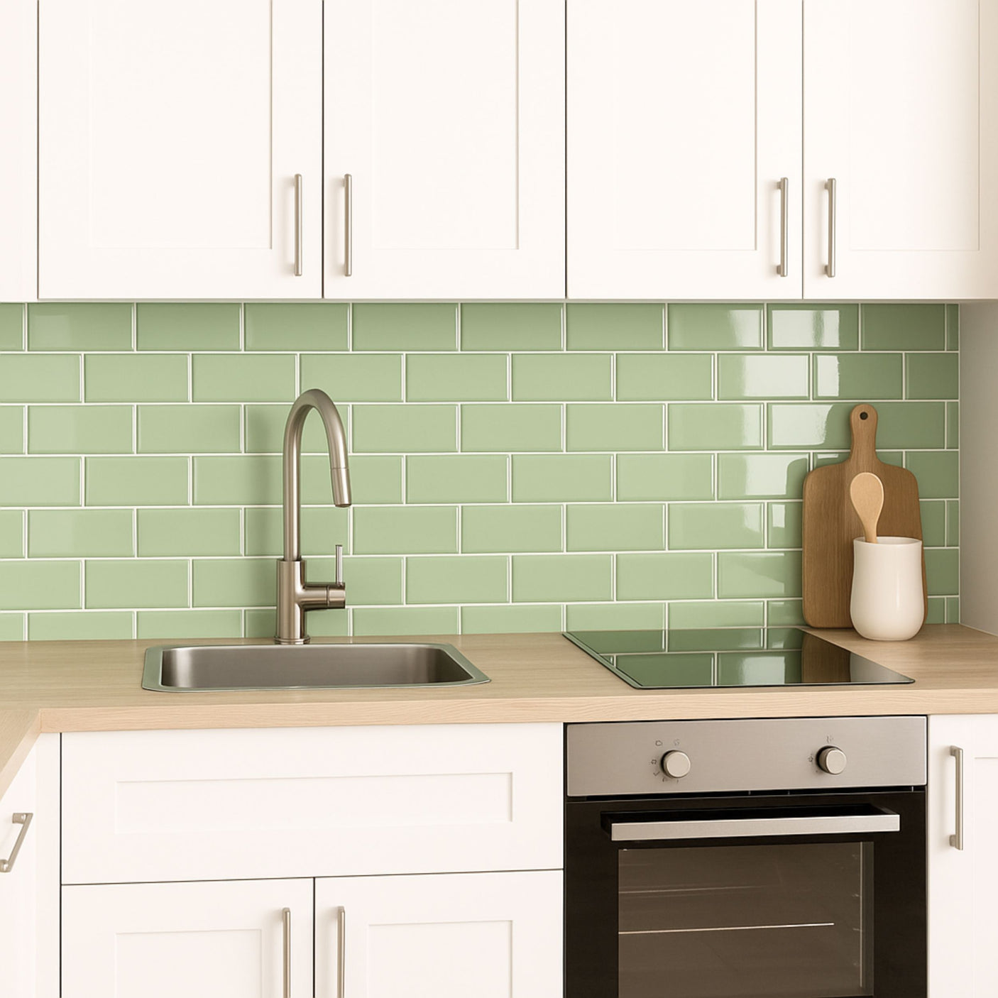 Lyst kjøkken med Subway Sage Green selvklebende veggfliser som gir frisk og moderne stil.