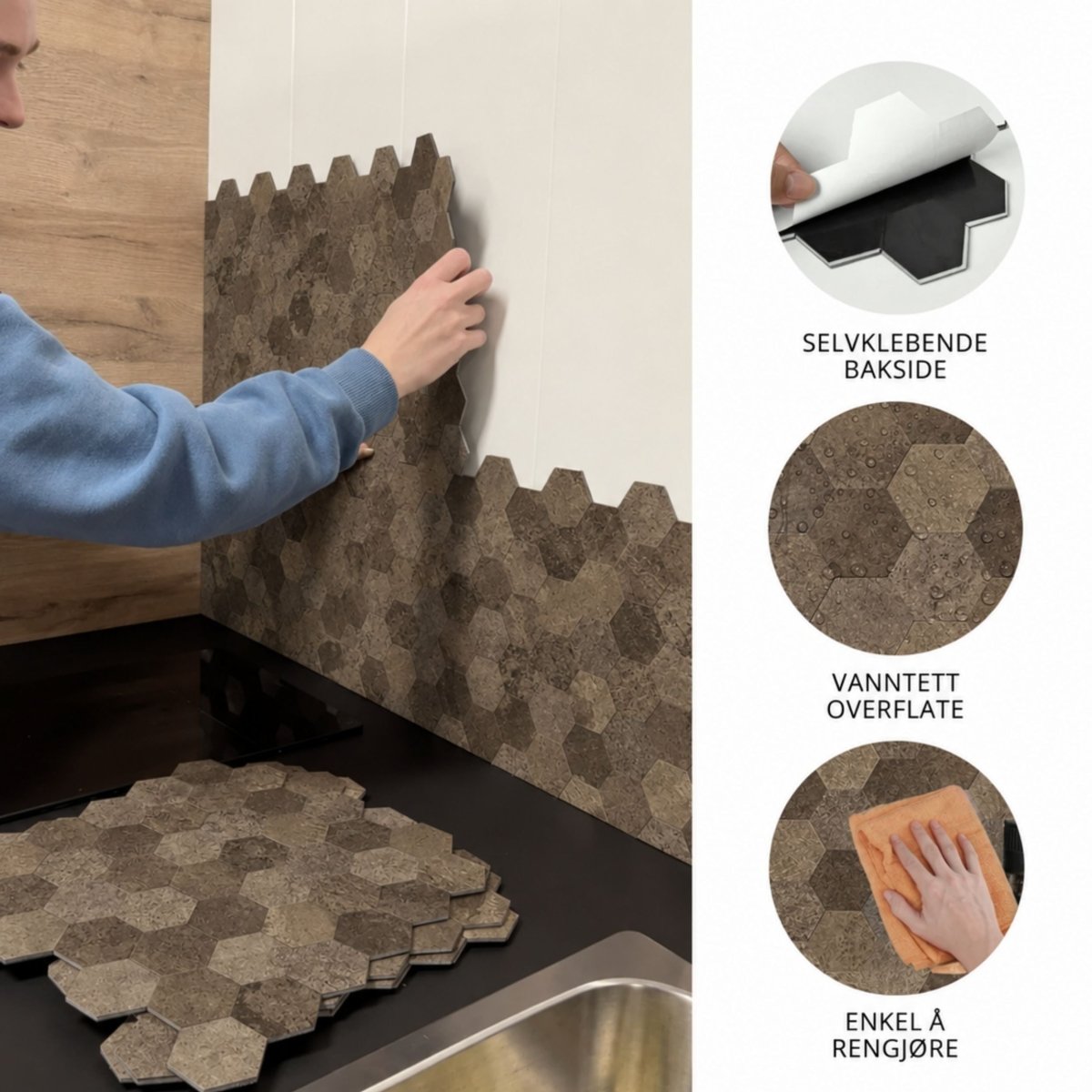 10-pk Hexagon brun betong selvklebende veggfliser - Lindas Dekor Veggfliser