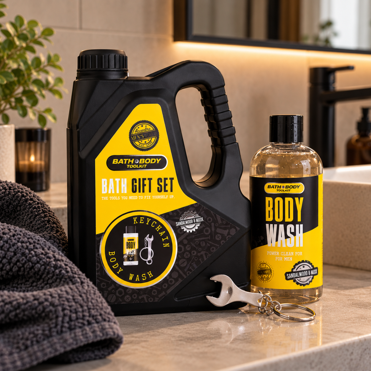 Gavesett oljekanne med dusjsåpe og nøkkelring 100 ml