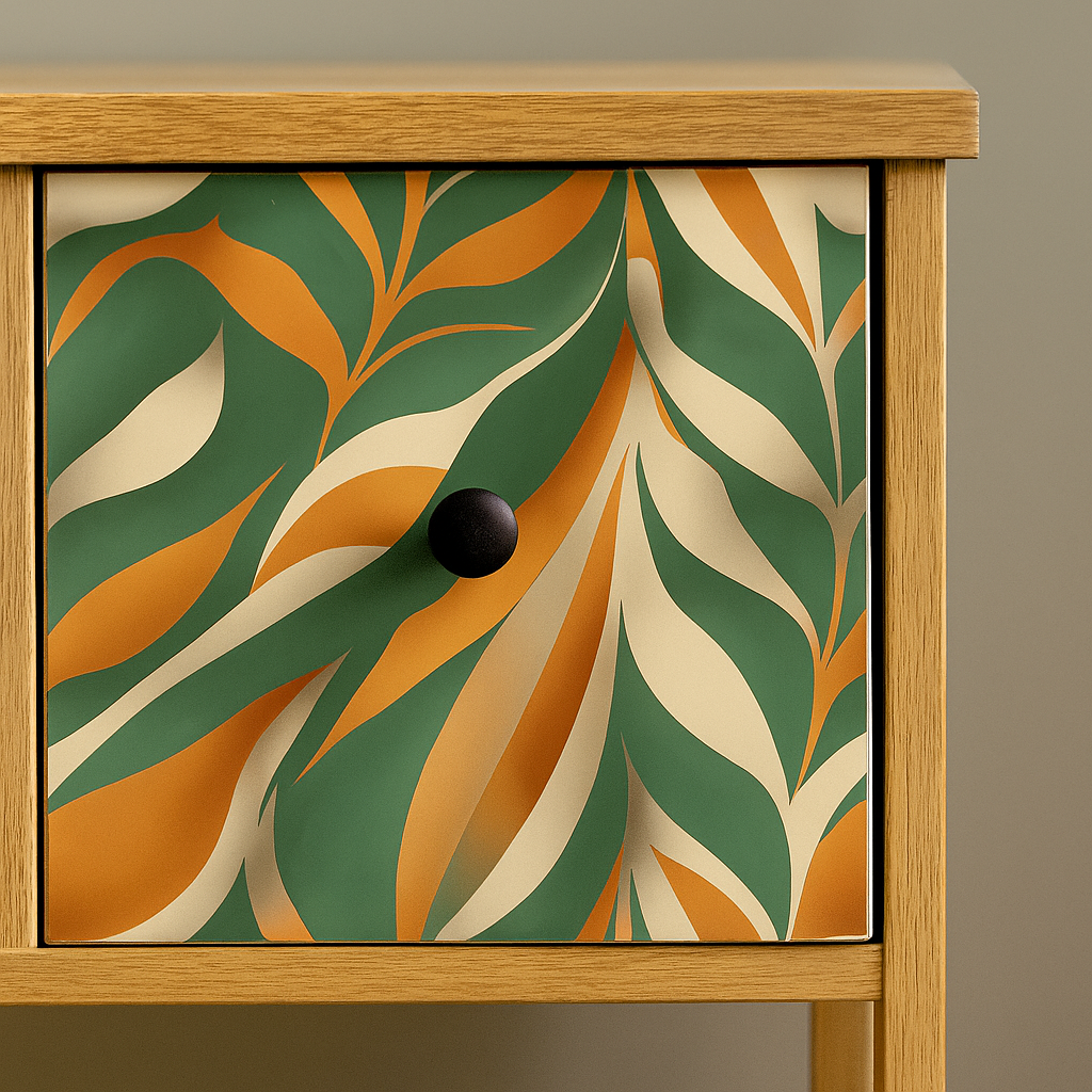 Boho leaves selvklebende kontaktplast med botanisk blademønster i grønt, beige og oransje