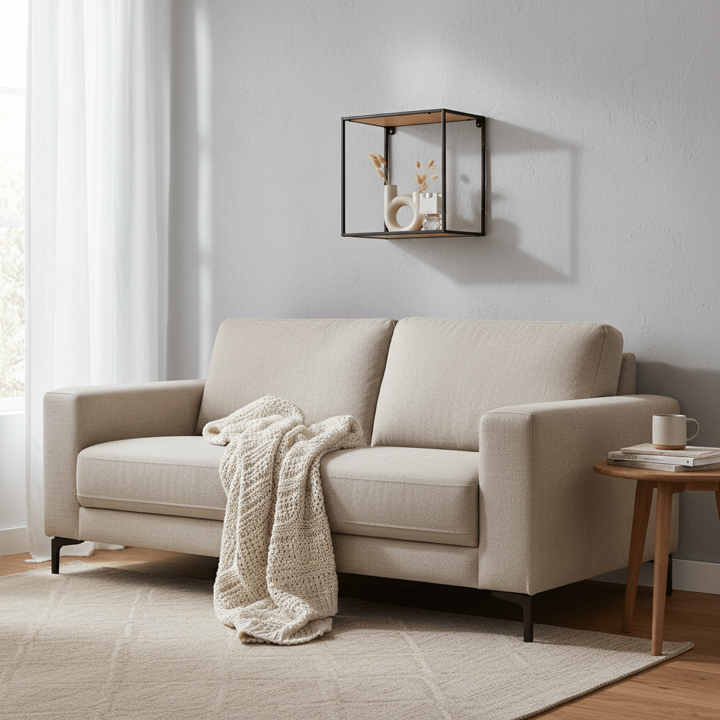 Sidevinkel av vegghylle med sort ramme og trelook bunn