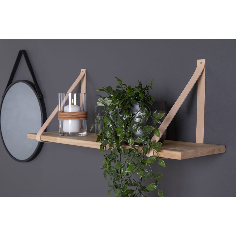 Vegghylle i naturtre 120 x 20 cm med skinnoppheng sett forfra