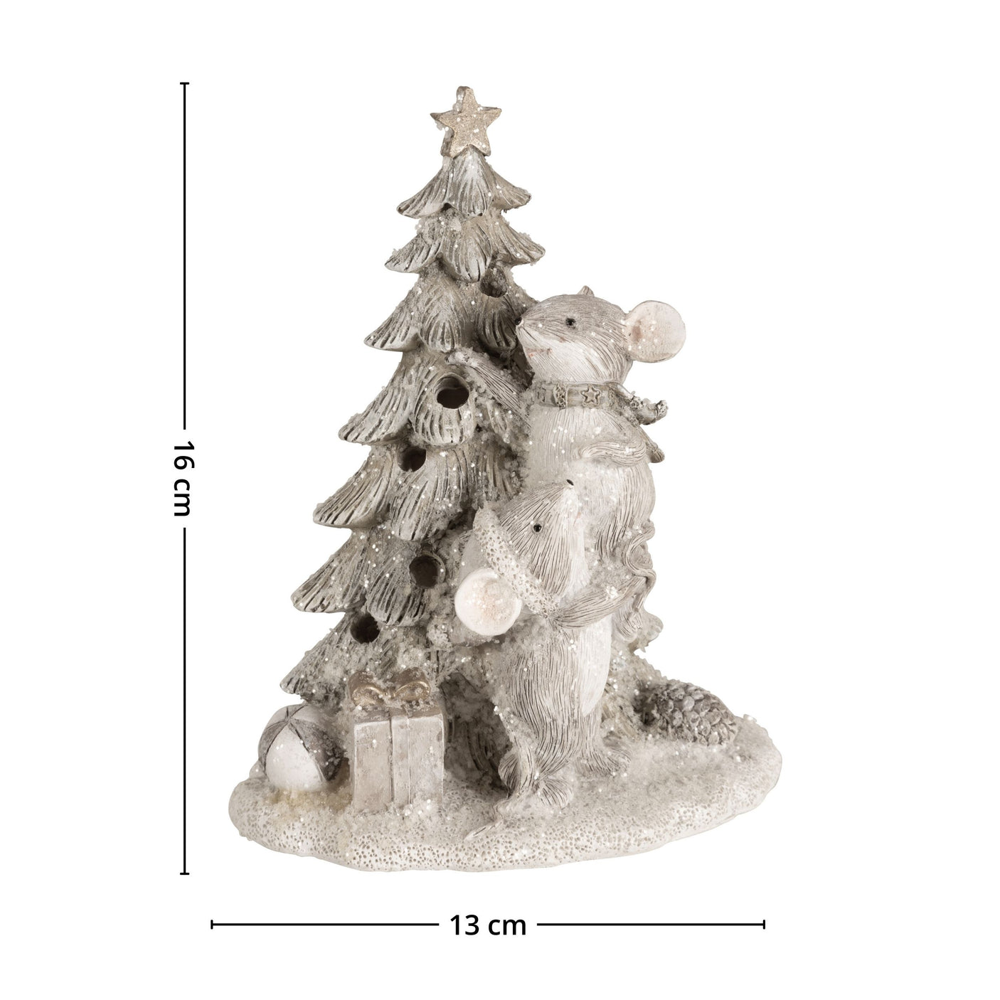 Koselig julepynt – figur av mus som pynter tre, med glitterdetaljer og LED-lys.