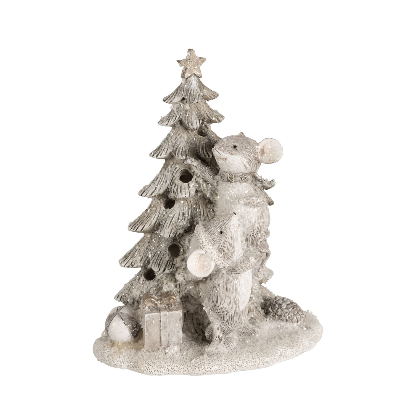 Julefigur med to mus som pynter juletre med LED-lys – nostalgisk juledekorasjon 16 cm.