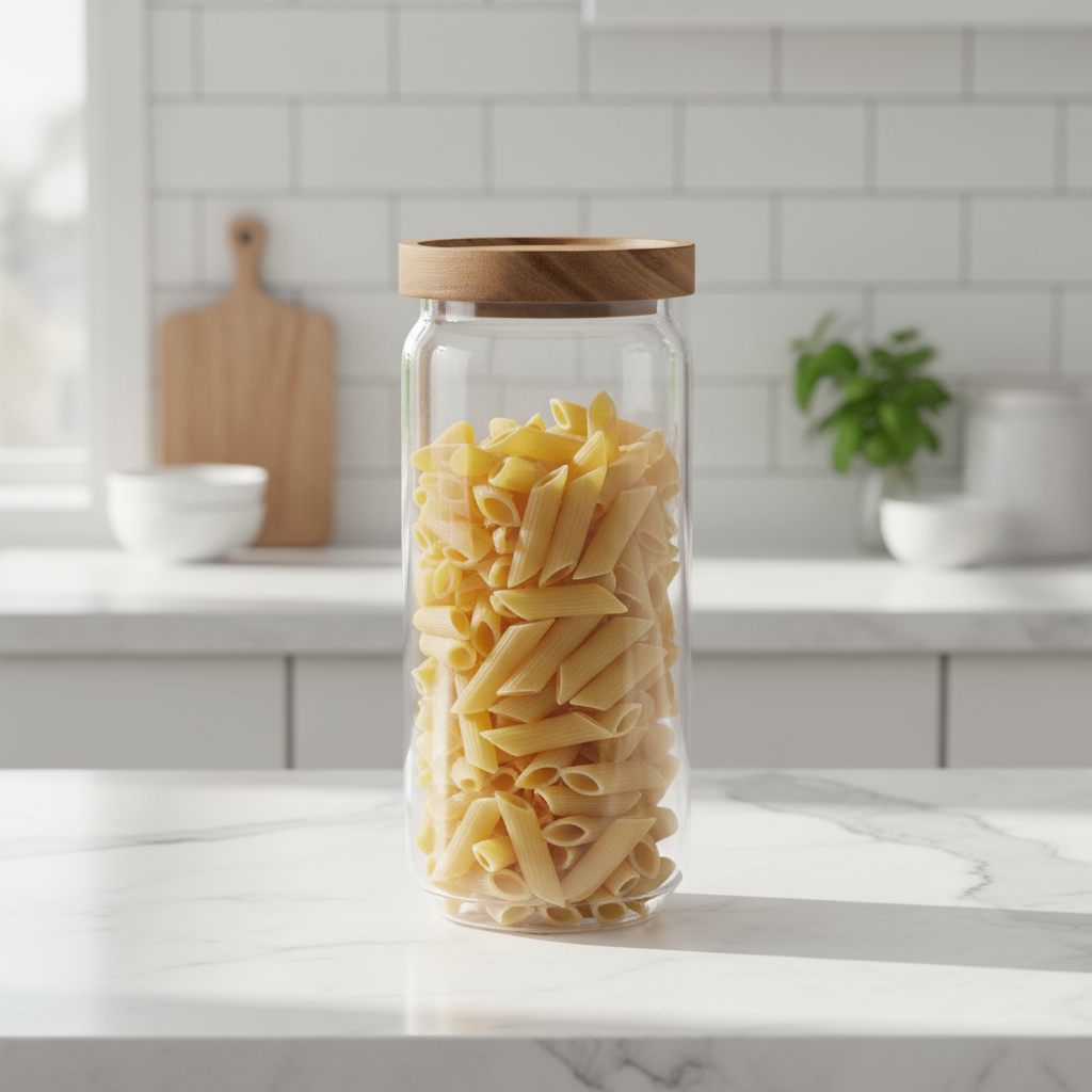 Glasskrukke med lokk fylt med pasta, plassert på kjøkkenbenk ved kaffetrakter, kokeplate og grønn plante.