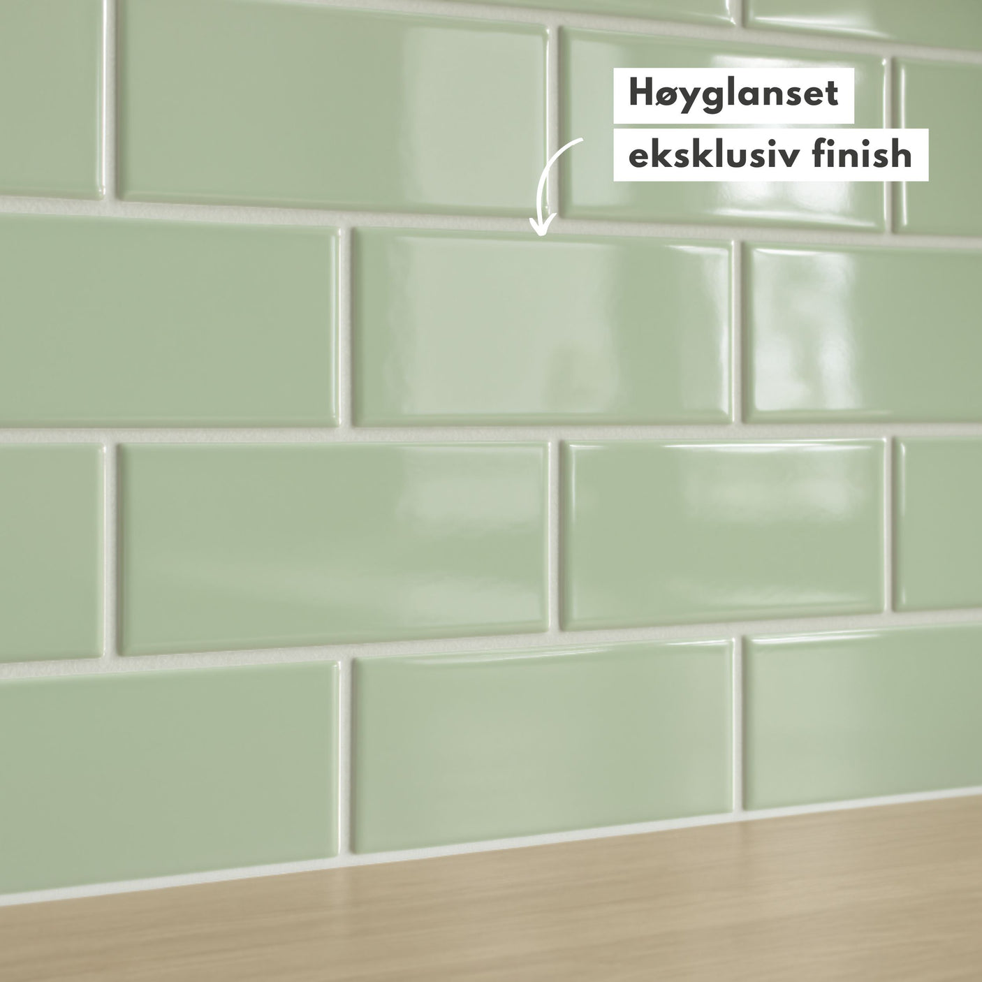 Nærbilde av Subway Sage Green fliser med høyglanset og eksklusiv finish.