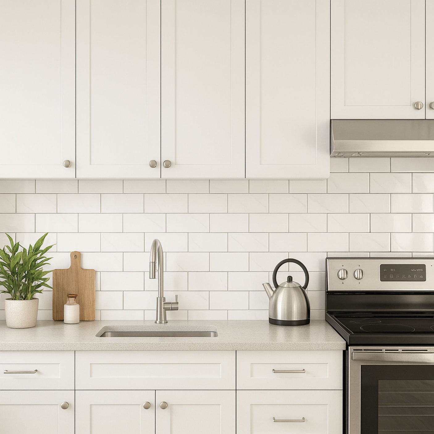 Lyst kjøkken med Stein marmor veggfliser og hvite skap for et elegant, tidløst uttrykk.