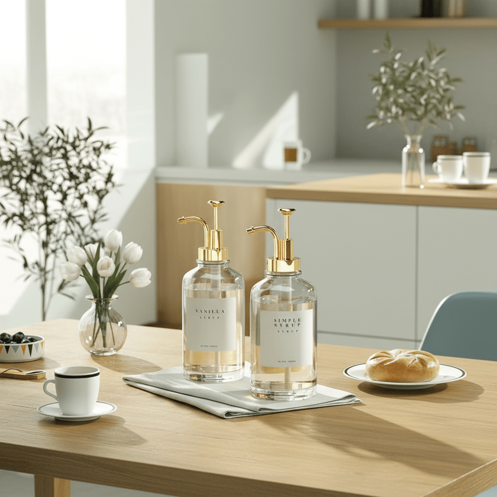 Glassdispensere med gullfarget pumpe brukt på frokostbord