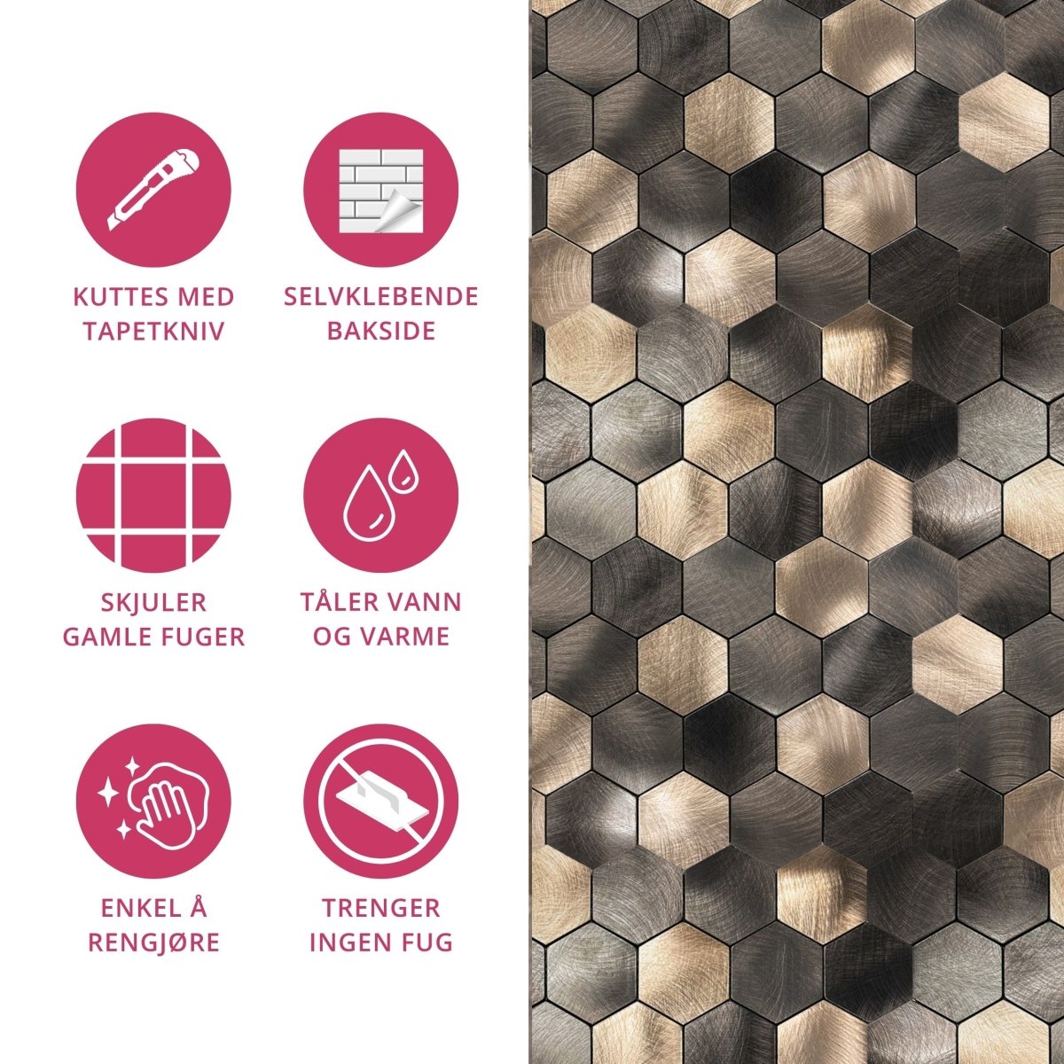 10 - pk Latte hexagon selvklebende veggfliser - Lindas Dekor