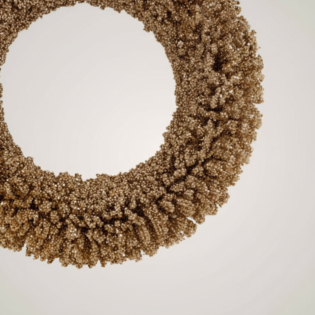 Nærbilde av gullkrans i metalltråd som viser detaljer, tekstur og glitrende finish