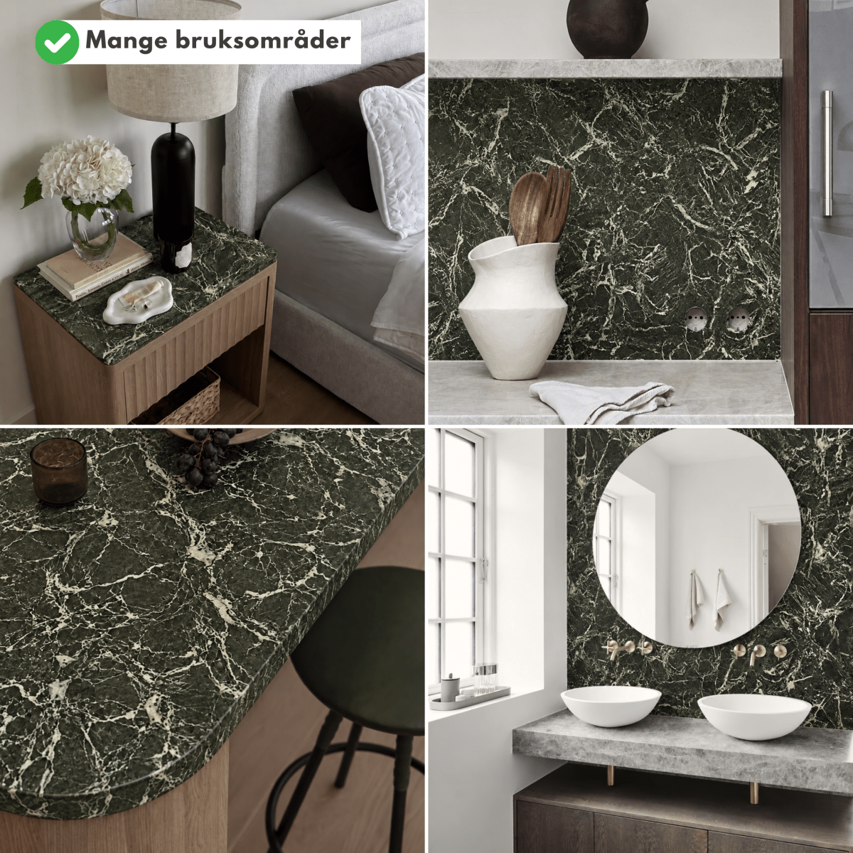 Heritage marble emerald kontaktplast på nattbord, baderomsinnredning og vegg, ulike bruksområder