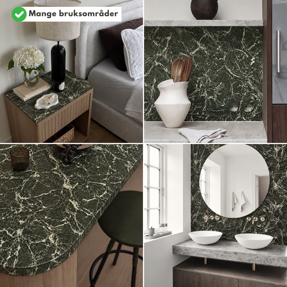 Heritage marble emerald kontaktplast på nattbord, baderomsinnredning og vegg, ulike bruksområder
