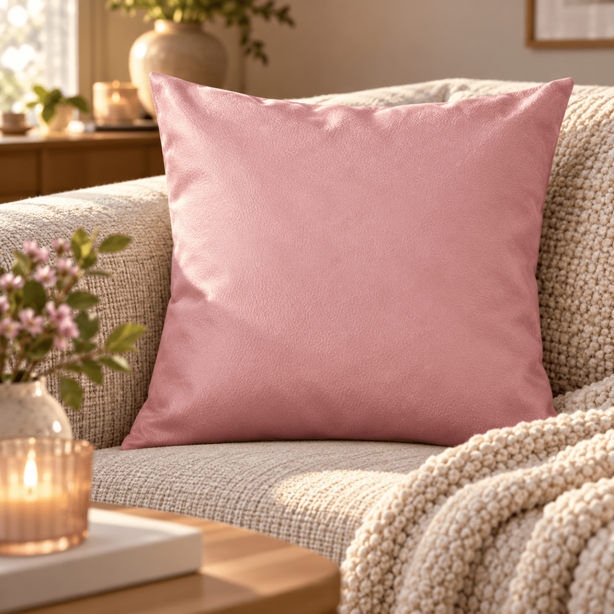 Lyngrosa putetrekk i skinnlook 45 x 45 cm i lys sofa med strikket pledd og lun innredning