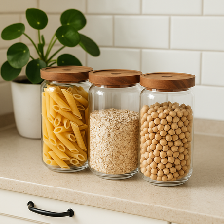 Tre glasskrukker med trelokk fylt med pasta, havregryn og kikerter står på kjøkkenbenk med grønn plante i bakgrunnen.