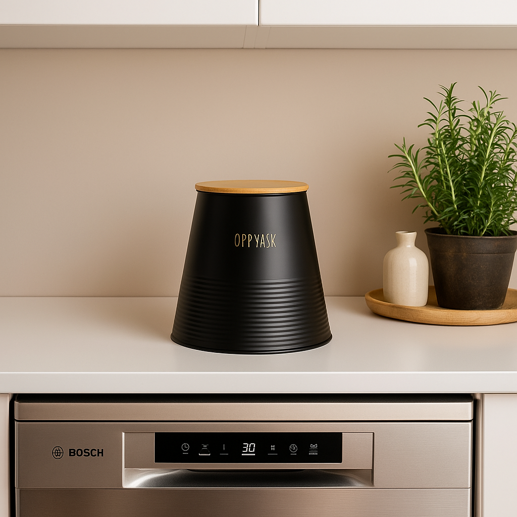 Sort oppvaskboks med trelokk plassert på kjøkkenbenk ved siden av urter og oppvaskmaskin.