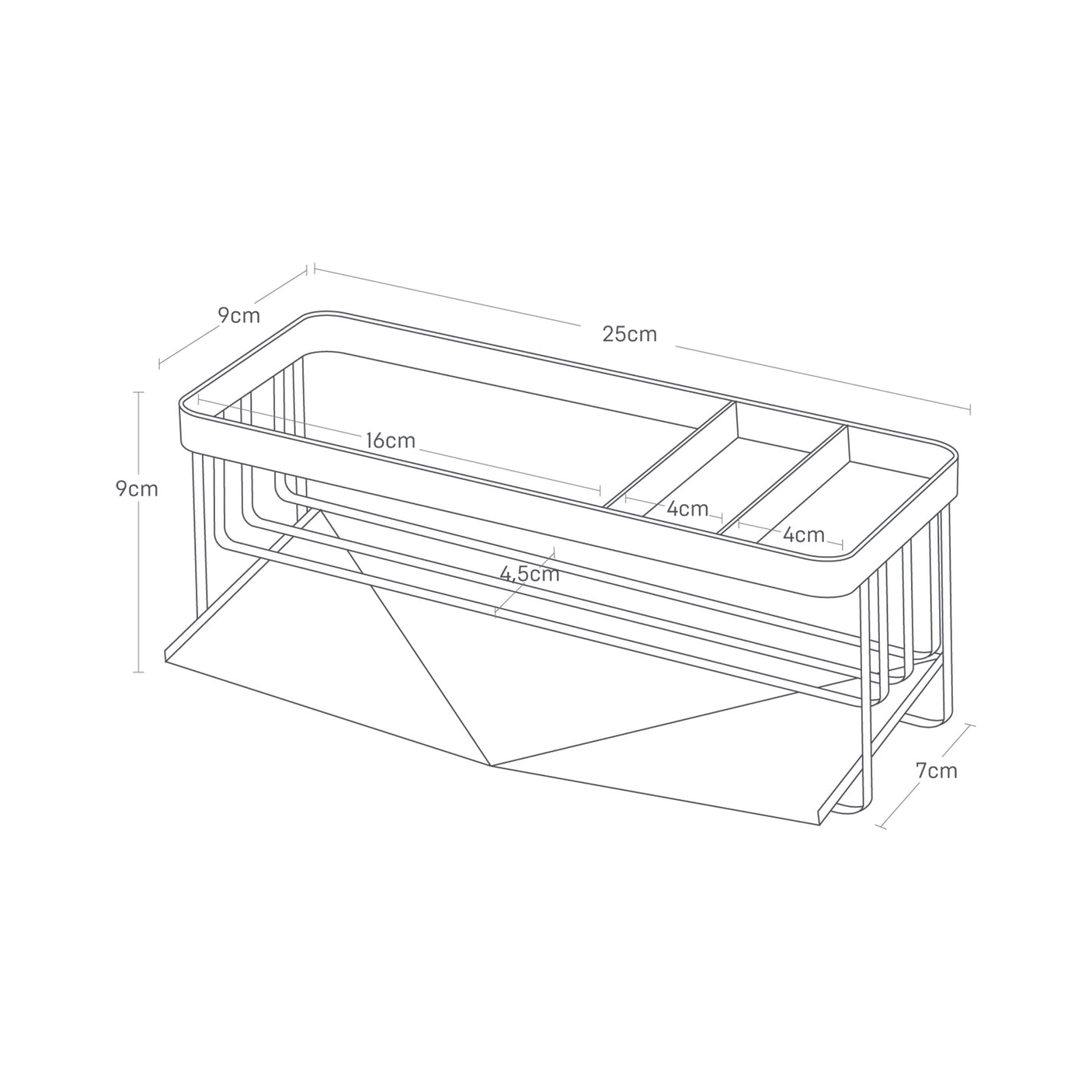 Illustrasjon av praktisk såpeholder med rom og drypphull.