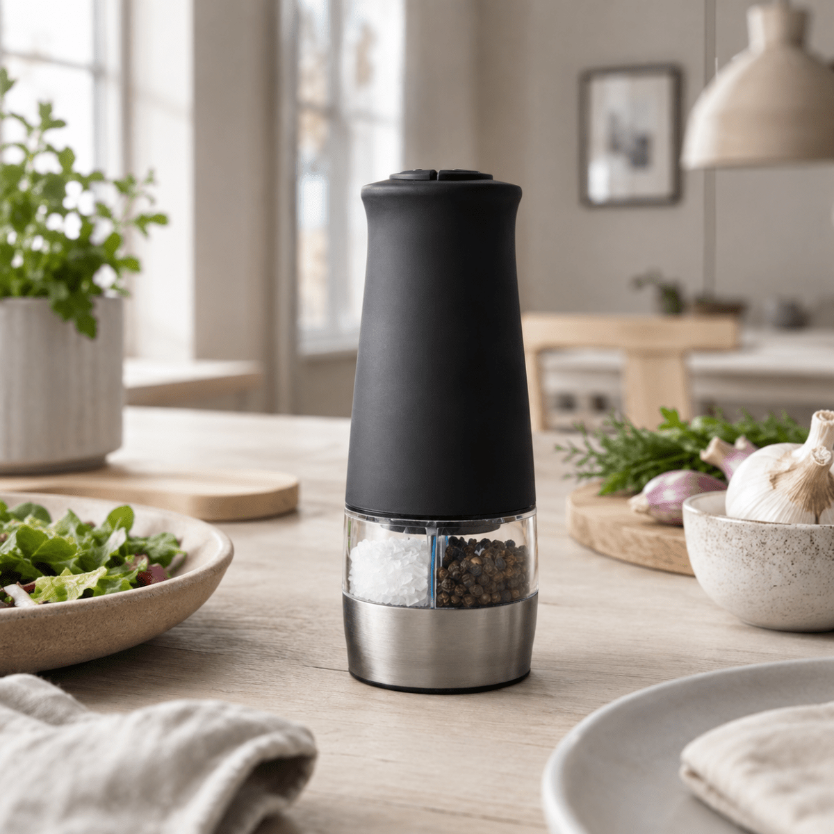 Sort elektrisk salt- og pepperkvern 2-i-1 på kjøkkenbenk med salat og urter