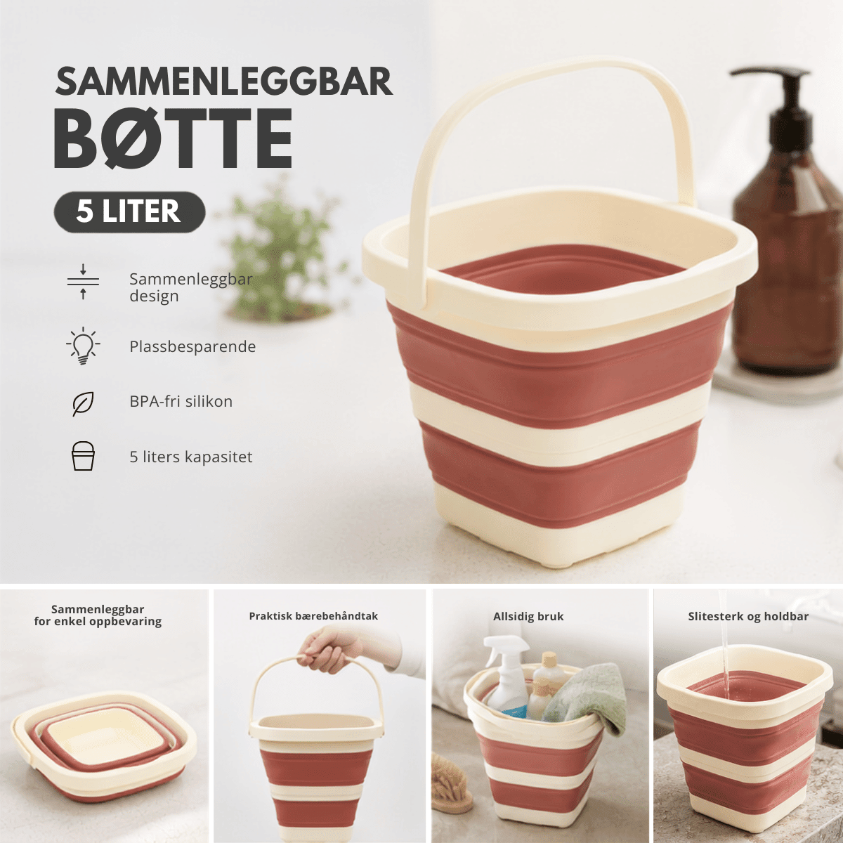 Sammenleggbar bøtte 5 liter gammelrosa - Lindas Dekor Vaskebøtte