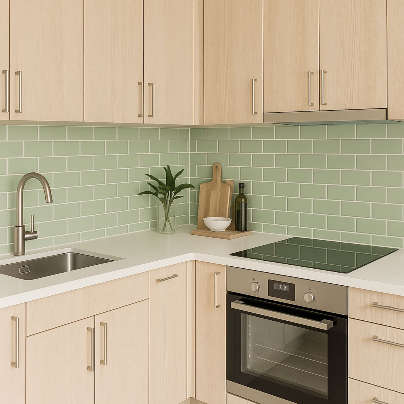 Kjøkken med lyse tremøbler og Subway Sage Green selvklebende fliser i klassisk mønster.