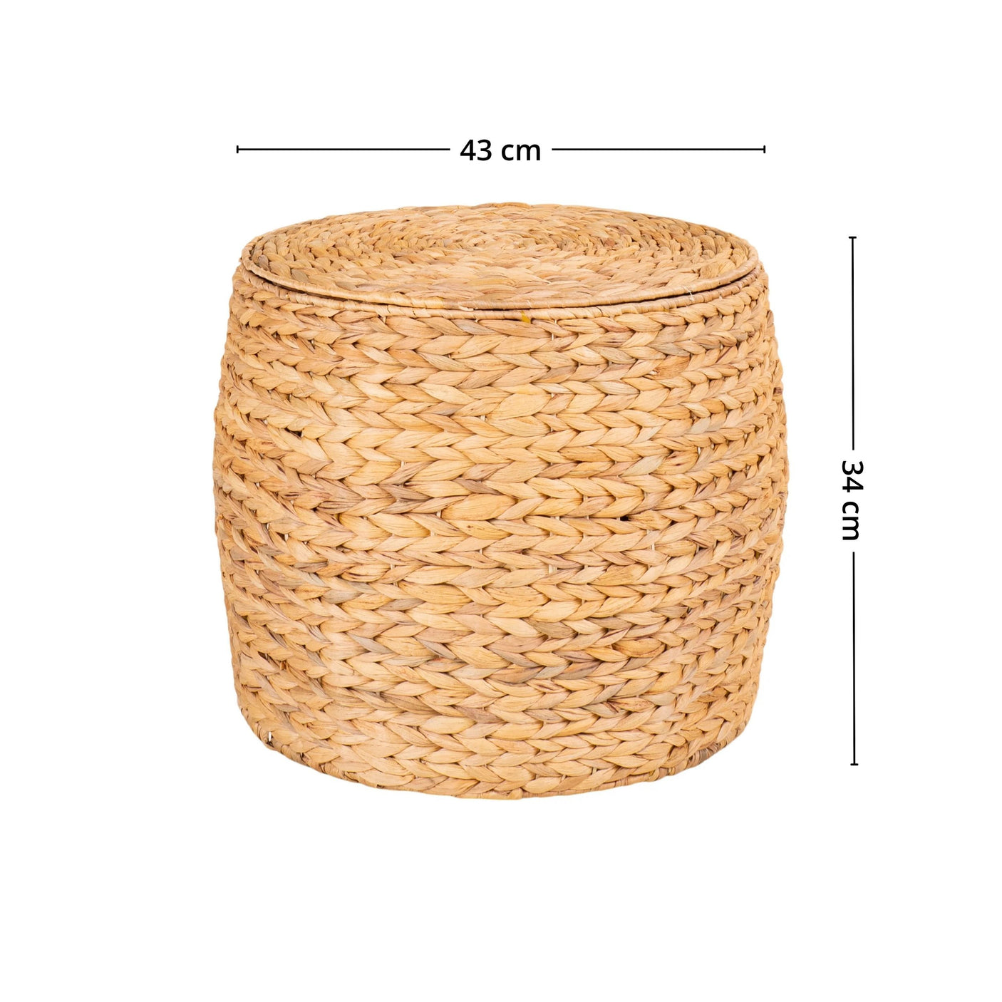 Rund oppbevaringskurv i flettet sjøgress med lokk, måler 43 x 34 cm. Praktisk og dekorativ kurv for puter, leker eller tepper.