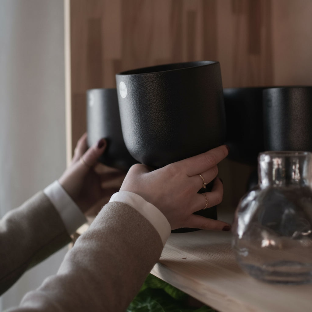 Nærbilde av DBKD Post potte sort liten med grønn plante i moderne interiør