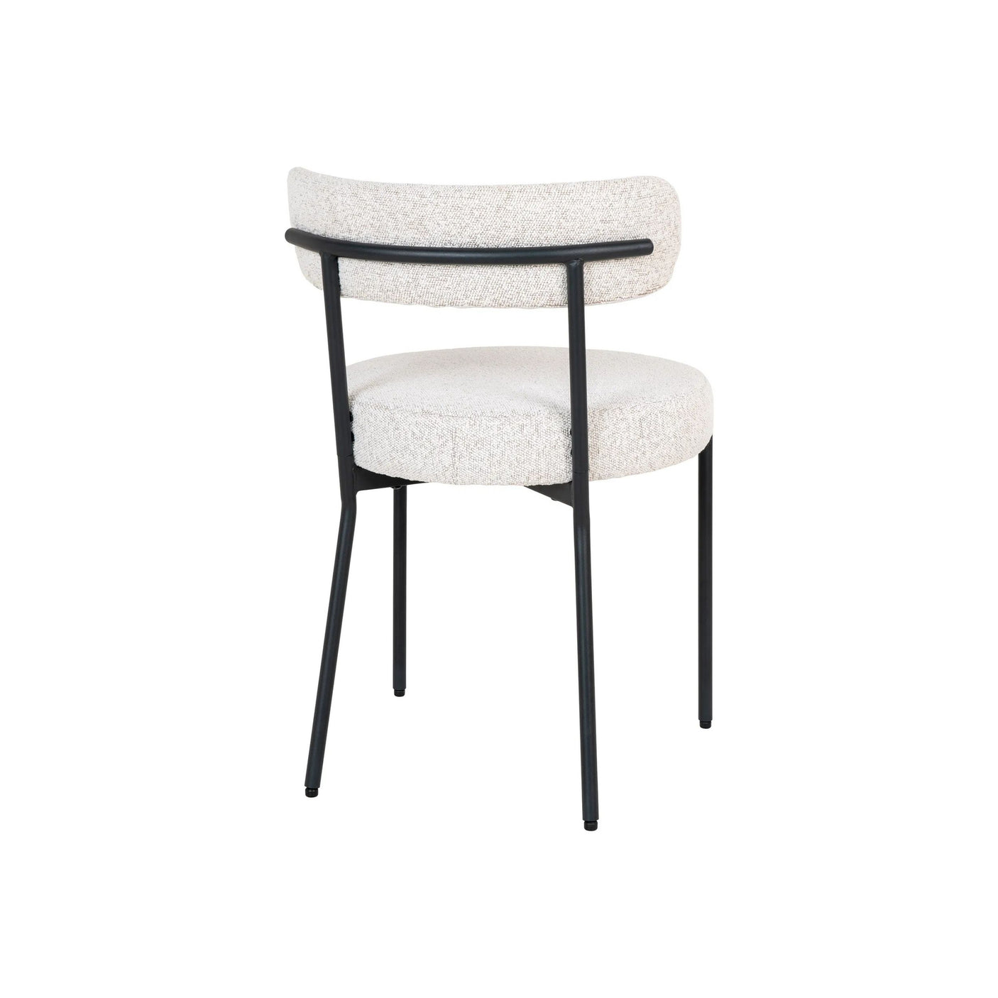 Stilren spisestol i offwhite bouclé og sorte stålben, en elegant og komfortabel stol for nordiske og moderne hjem