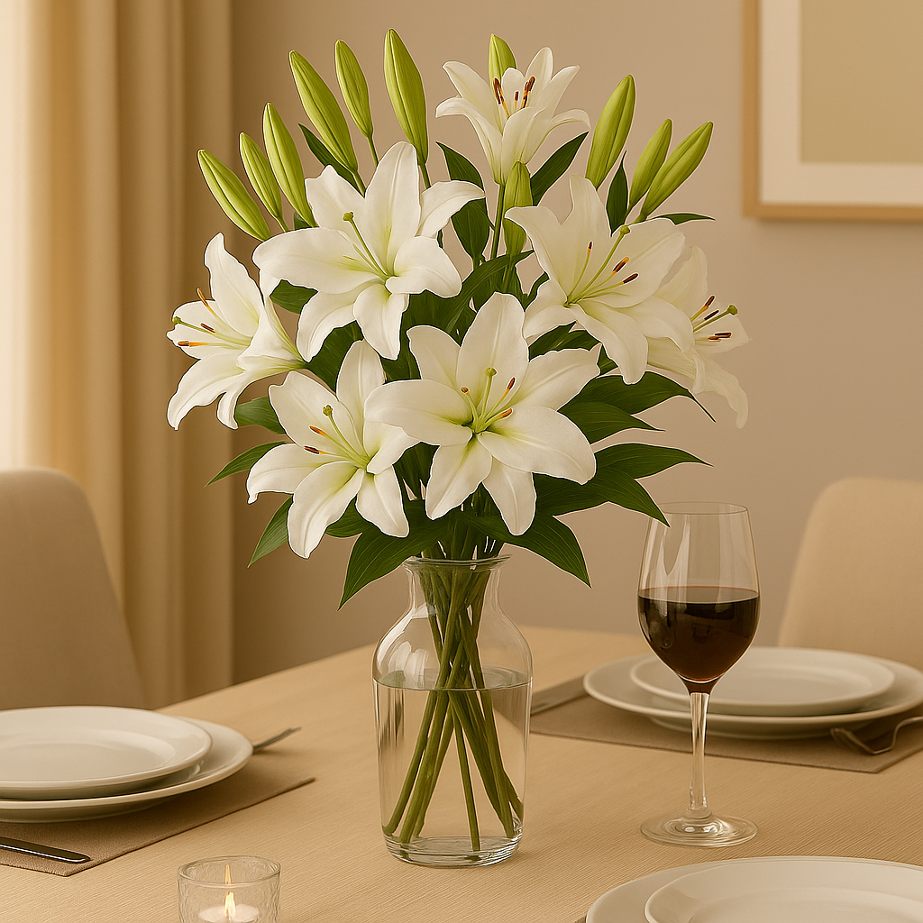 Bukett med hvite liljer i høy glassvase på festpyntet bord i fjellhytte, med utsikt mot skog og natur.