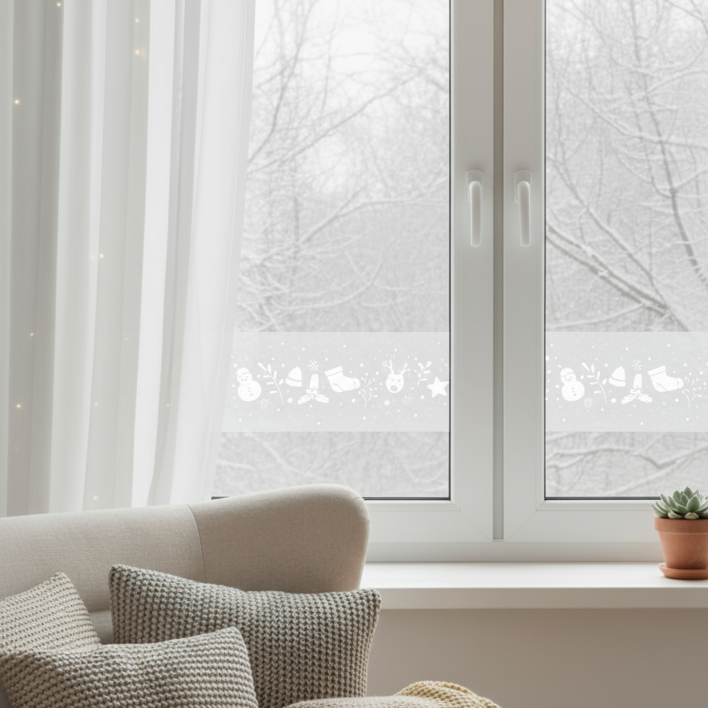 Vindusfolie med julemotiv og frostet effekt brukt på stuevindu