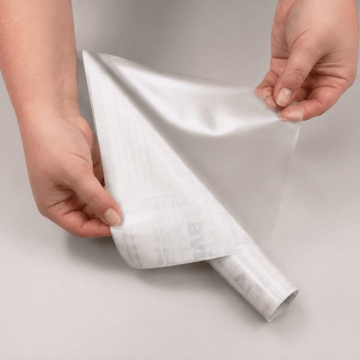 Transparent matt kontaktplast med beskyttelsespapir som trekkes av før montering.