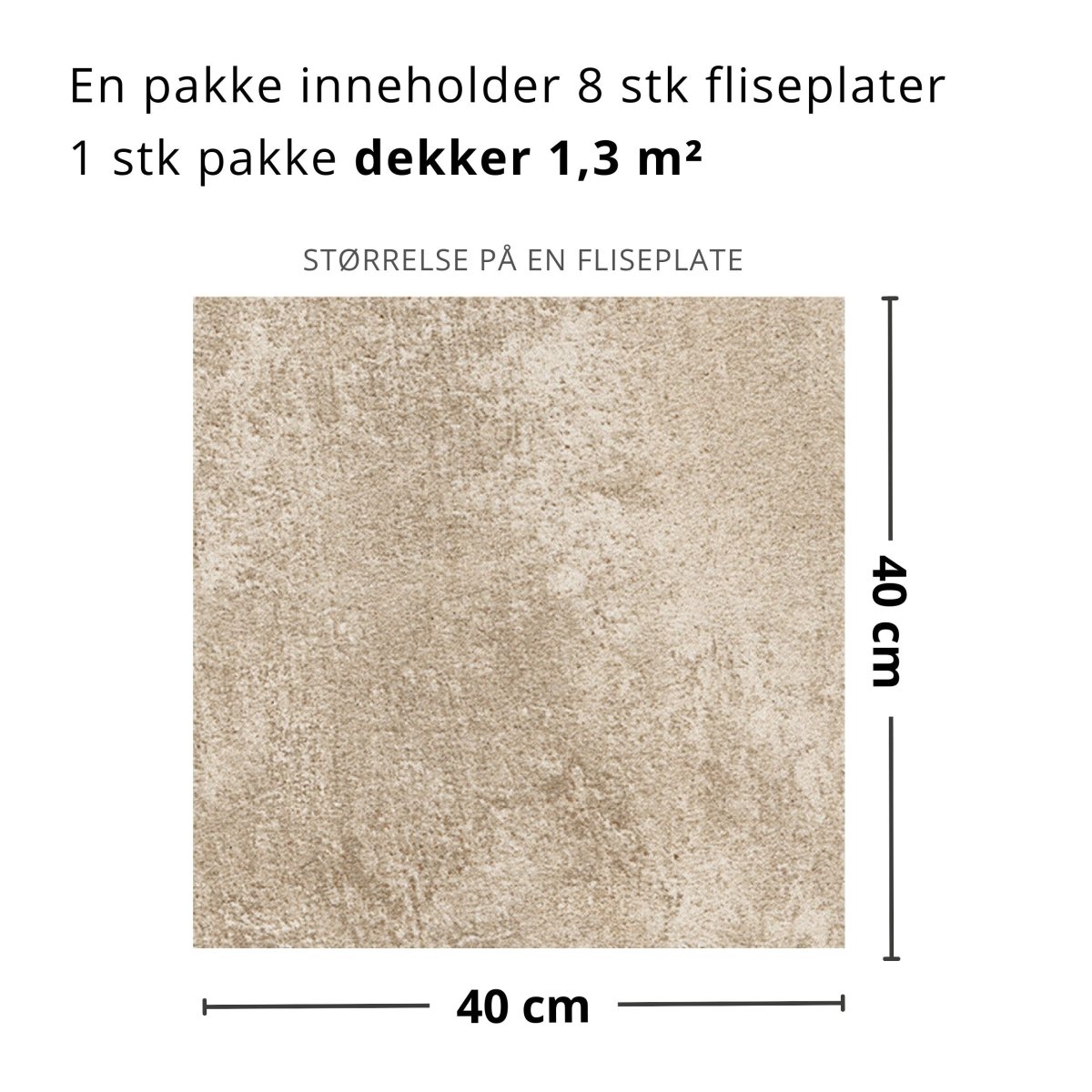 "Charleston selvklebende fliser – pakke med mål og dekning per flisplate"